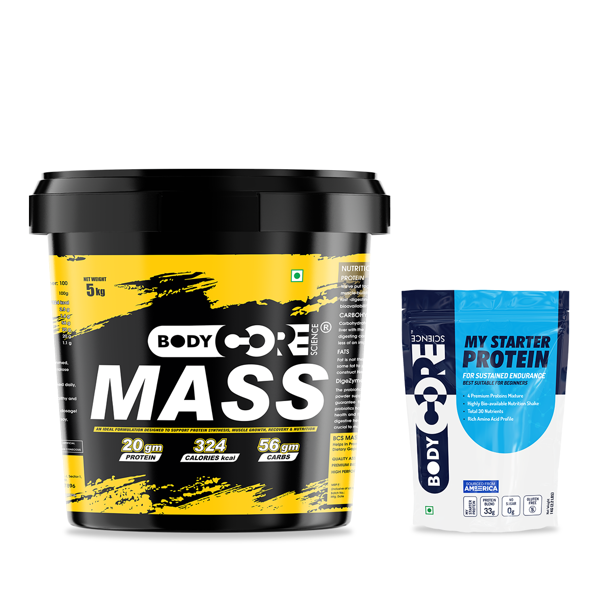 BCS Mass Gainer (5Kg) + BCS My Starter Premium Protein (1kg) | Body Core Science