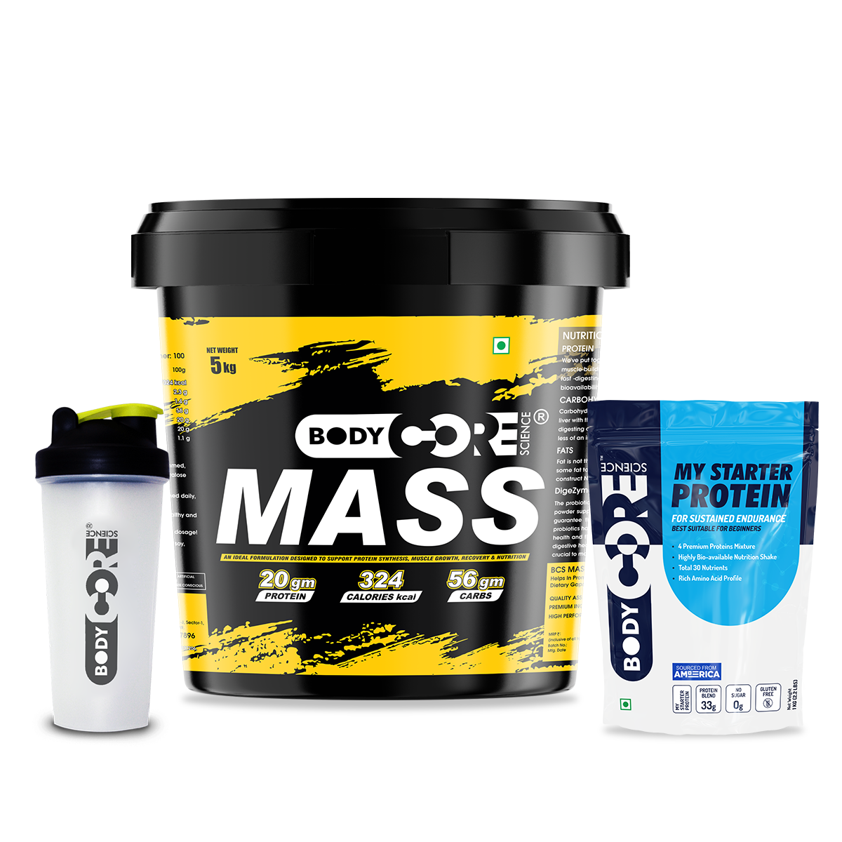BCS Mass Gainer (5Kg) + BCS My Starter Premium Protein + Shaker | Body Core Science