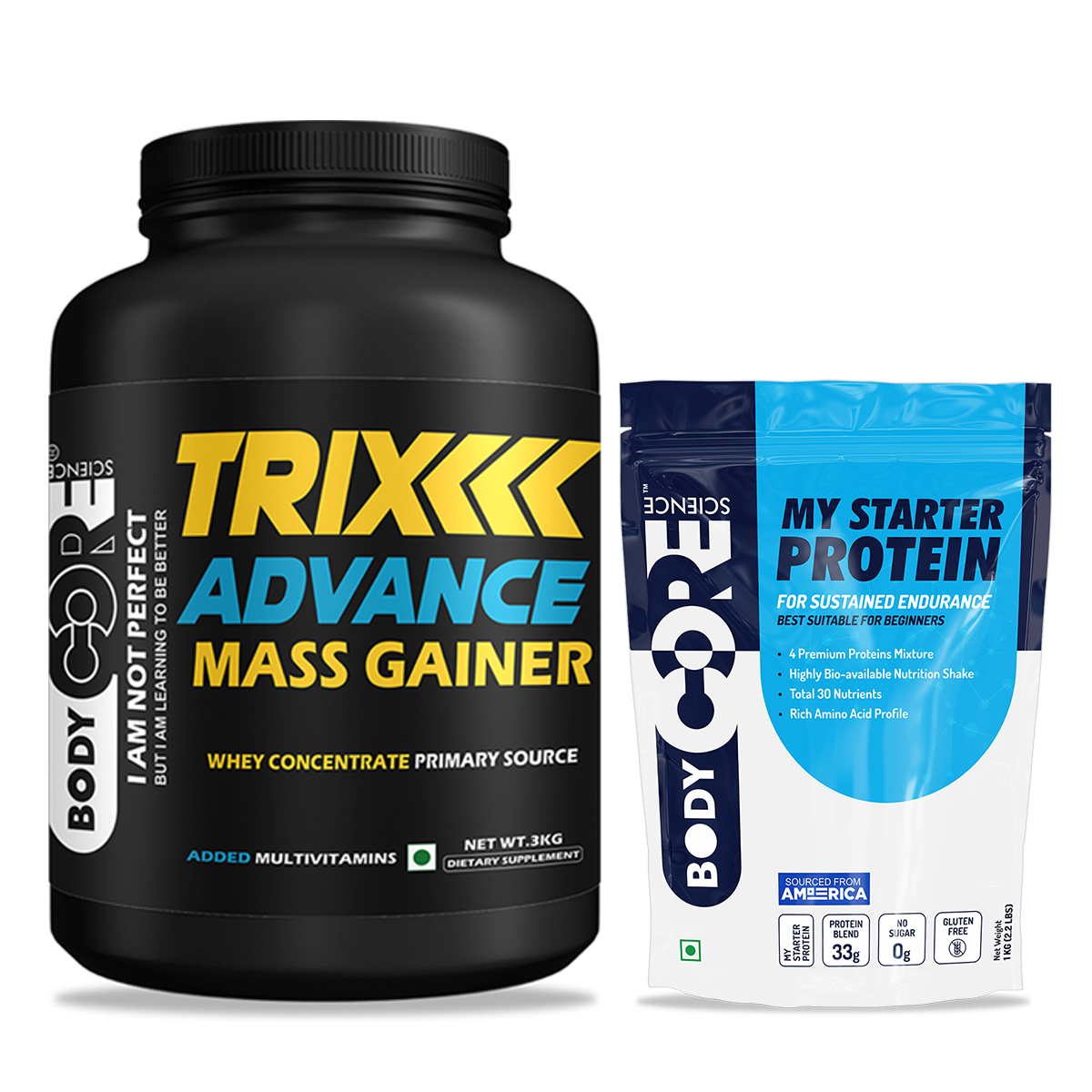 BCS Trix Advance Mass Gainer (3Kg) + BCS My Starter Protein (1 Kg) | Body Core Science